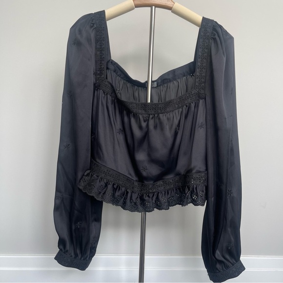 Sunday Best | Aritzia | May Day Black Satin Square Neck Ruffle Eyelet Crop Top - Picture 2 of 9
